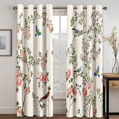 2PCS Charming Flower Print Curtains Butterfly Floral Curtains for Bedroom Living Room Kitchen Window Curtains Grommet Top Cortin
