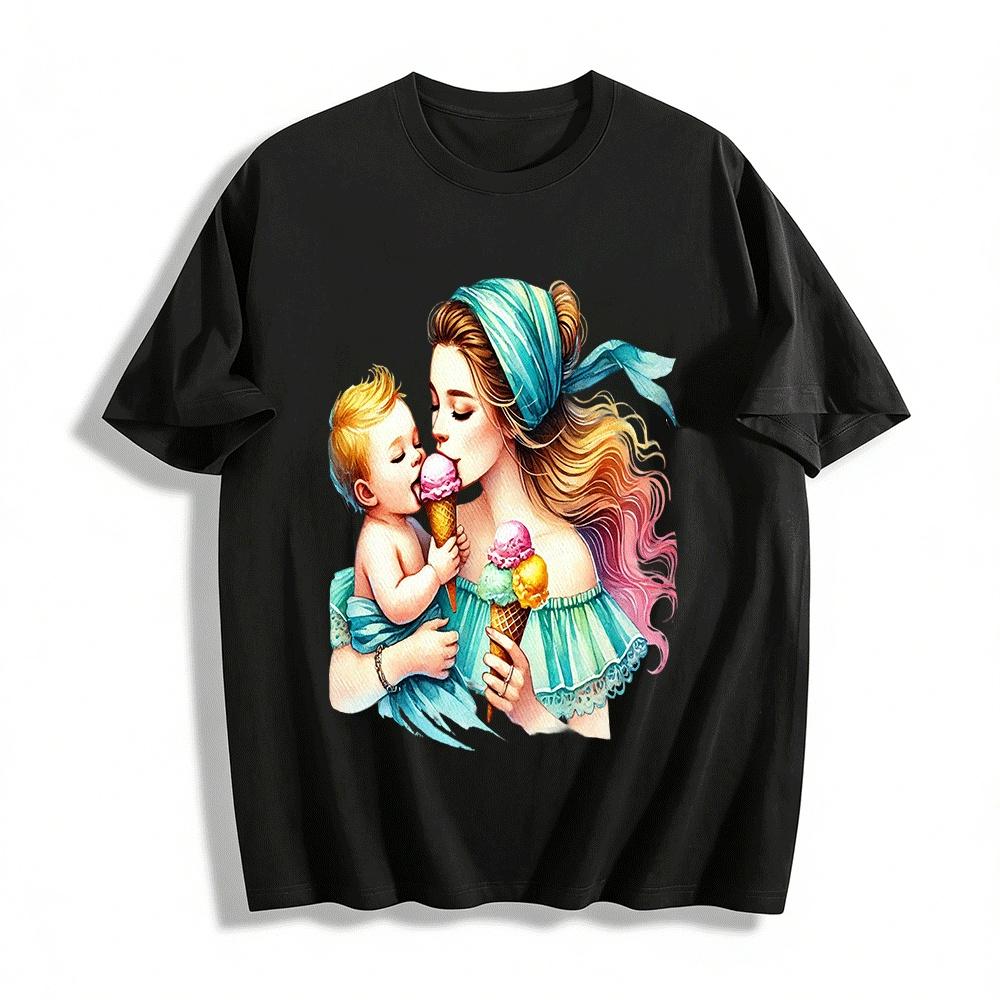 Warm Parent-Child Ice Cream Sharing Printed Short Sleeve Top Pure cotton T-shirt XXS