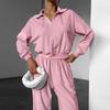 Womens Fall Winter Street Style 2-Piece Tracksuit Set Pink Polo Neck Top Velvet Pants