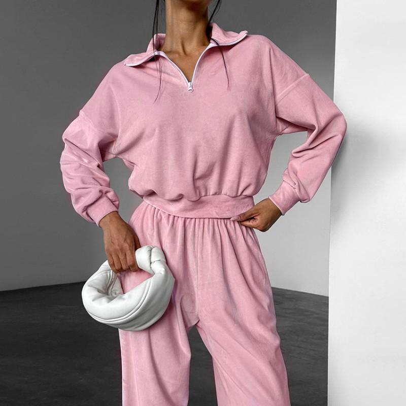 Womens Fall Winter Street Style 2-Piece Tracksuit Set Pink Polo Neck Top Velvet Pants