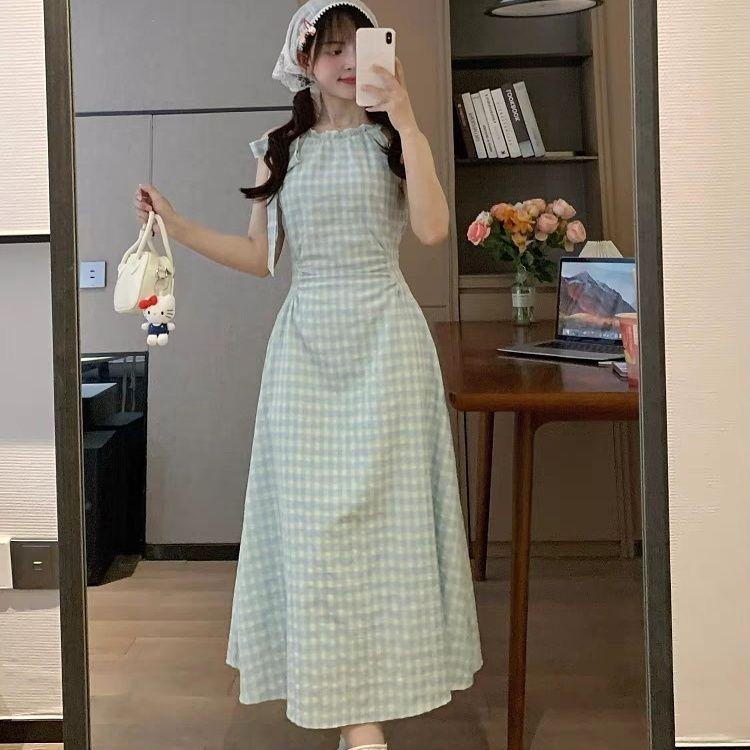 French Green Plaid Sleeveless Suspender Dress Children's Summer New Seaside Vacation Style Waist Dress