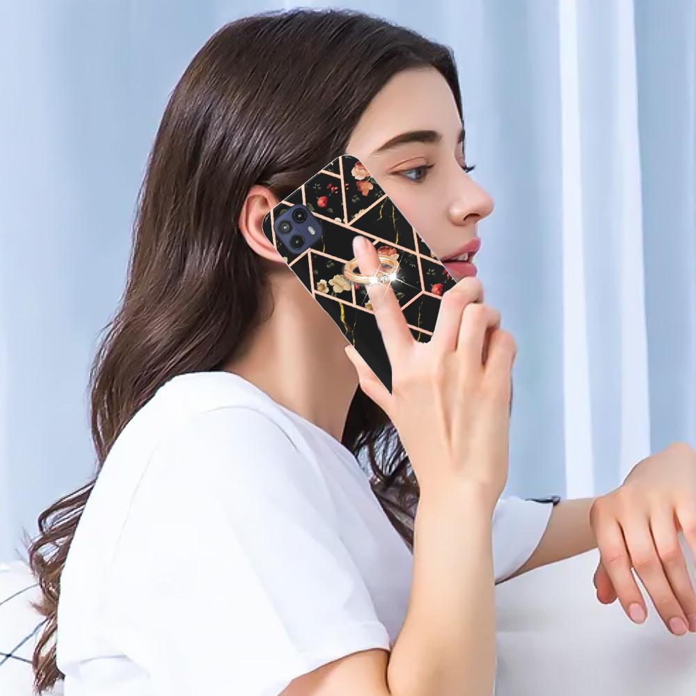 Ringhalterung, goldener Rand, Gitter, Marmorblume, IMD, ultradünne Telefonhülle für Motorola Moto E20, E30, E40, G31, G41, G50, G51, G71, G10, G20, G30, G40, G60 ...