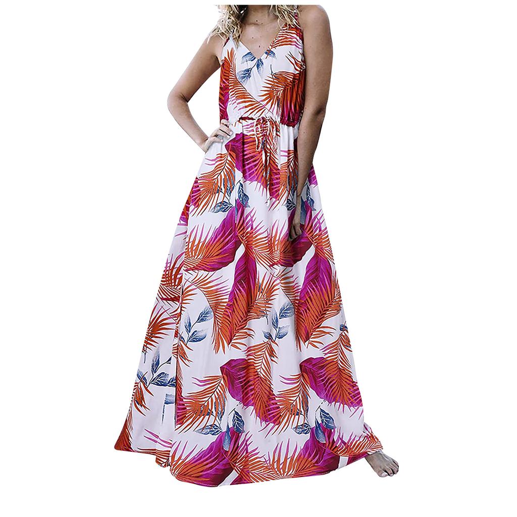 Ladies Fashion Elegant Dress With Printed Suspenders And Floor-Length Skirt