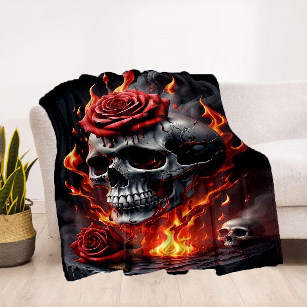 "Flaming Rose Skull Art Print - Gothic Wall Decor"Blanket Flannel Throw Blanket for Sofa, Bed, Travel, Camping, Office, Couch, Chair, And Be