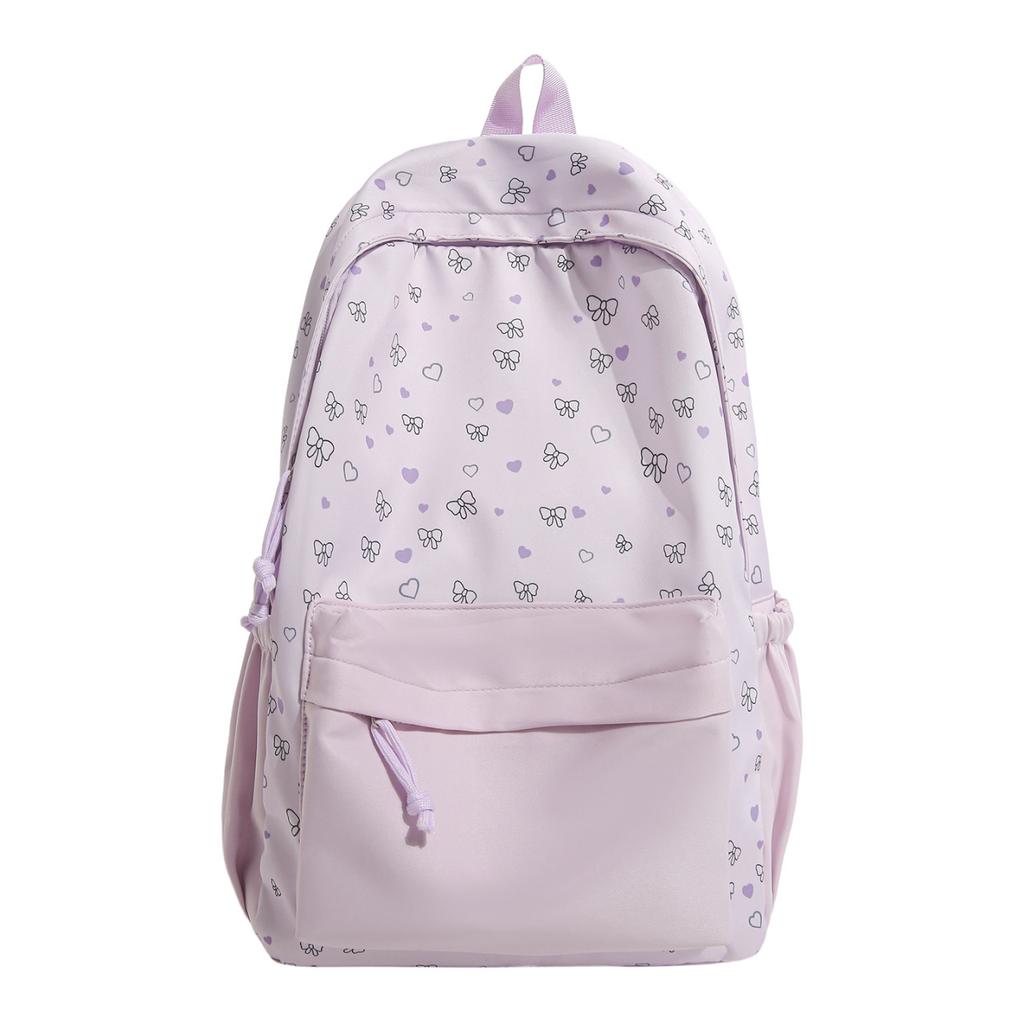 Cute Heart and Bow Print School Backpack with Front Pocket Top Handle Casual Daypack for Girls Students