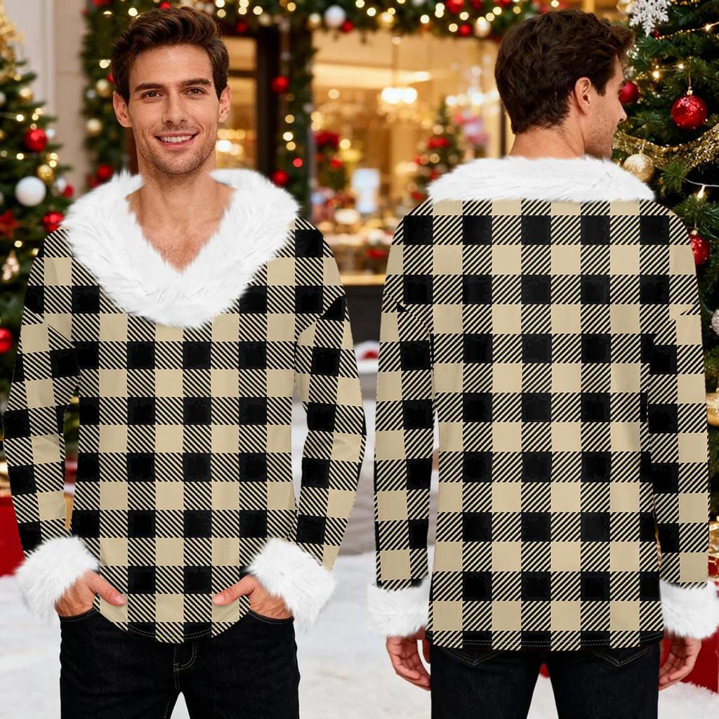 Men's Christmas Printed Fleece Lined Hoodie | Faux Trim Party Sweatshirt With Pocket | Plus Size Loose Fit Holiday Pullover