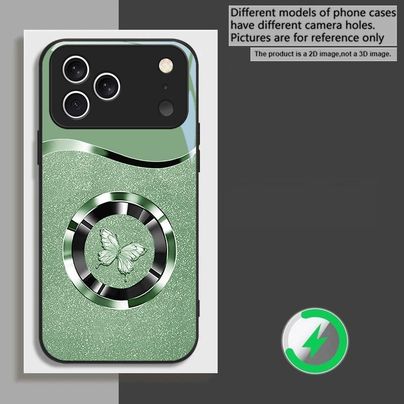 Circular metal butterfly For iPhone 16E 15 Pro 14 13 Plus 12 mini 11 15Pro 14Max XR Xs 8 P lus 16 For Magsafe Glass Phone Case