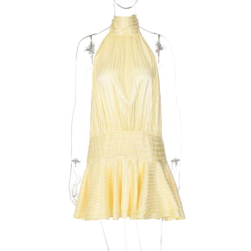 Gusty French Style Pure Desire Sexy Style Yellow Halterneck Dress Women's Summer Vacation Style Satin Tight Waist A- line Skirt
