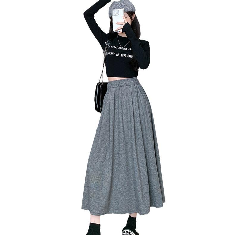 Autumn and Winter Women's Half-body Skirt Solid Color High-waisted Thin Pleated Large Swing Medium-length Skirt Thickened Pleated Skirt