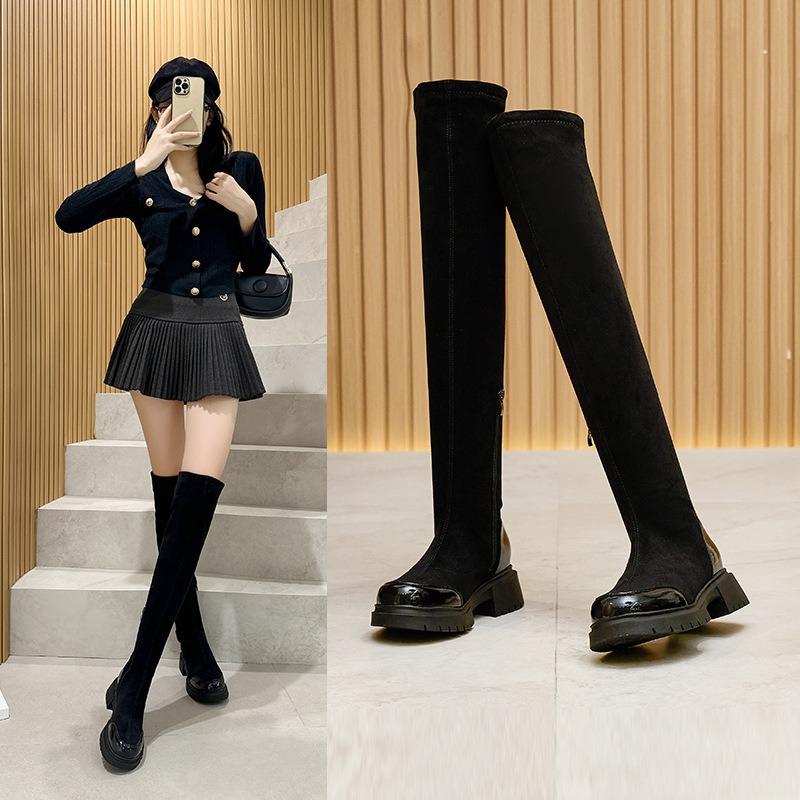Autumn and winter velvet elastic boots women's side zipper platform casual shoes women's solid color knee boots women