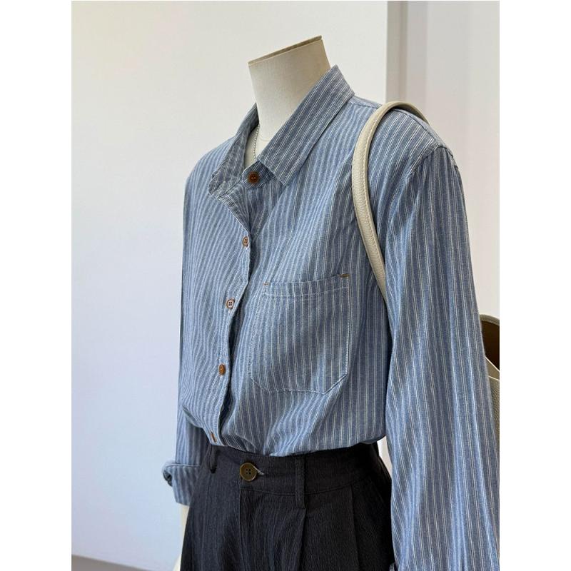 

Korean Style Blue White Striped Lapel Lazy Casual Layering Versatile Shirt for Women S синий