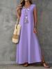 Women's navy blue V-neck sleeveless long dress loose side split texture breathable vacation style solid color casual long even