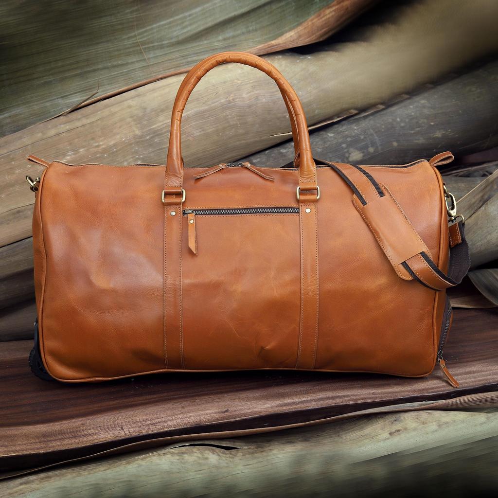 Handmade Leather Trolley Duffel: Personalized Mens Weekender Holdall Bag Gift him