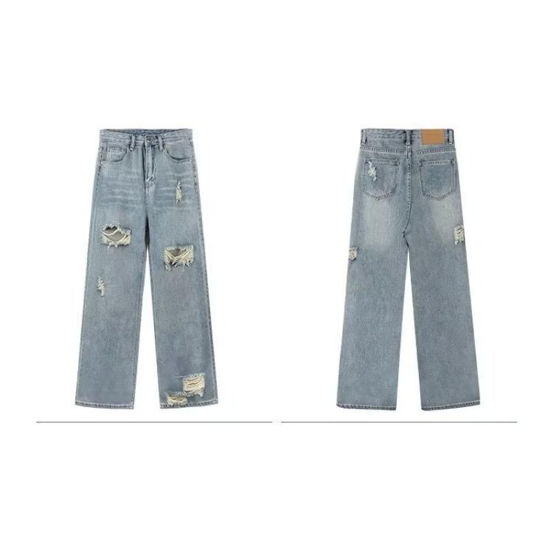 Vintage Ripped Jeans Damen Straight-Leg-Hose mit weitem Bein Mop