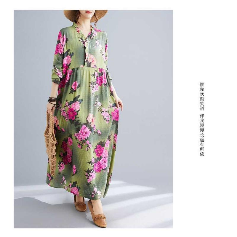 Bohemian Printed Loose Long Sleeve Hem Long Dresses