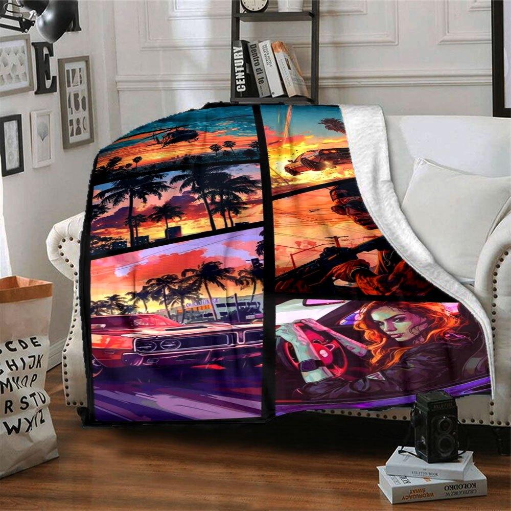 1 pezzo Coperta Morbida in Flanella Grand Theft Auto con Stampa di Designer Una coperta accogliente per tutte le stagioni, perfetta per il divano, il letto, l'ufficio