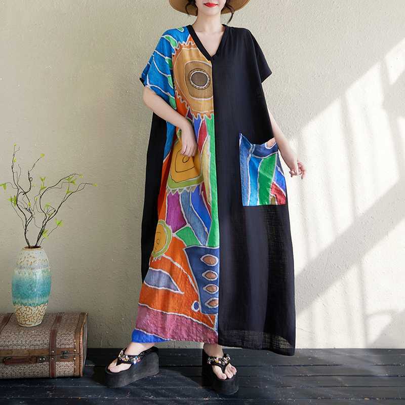 Damen Baumwolle und Leinen Retro Schlankmachendes Kurzarm Color-Blocked Kleid