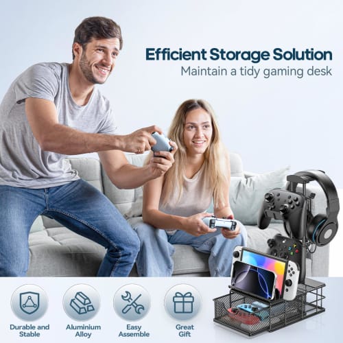 KDD Controller Stand with Drawer, Headphone Stand with Cable Holder, Game Controller Storage, Non-Slip Headphone Hanger, Stable and Durable Stand, Hea