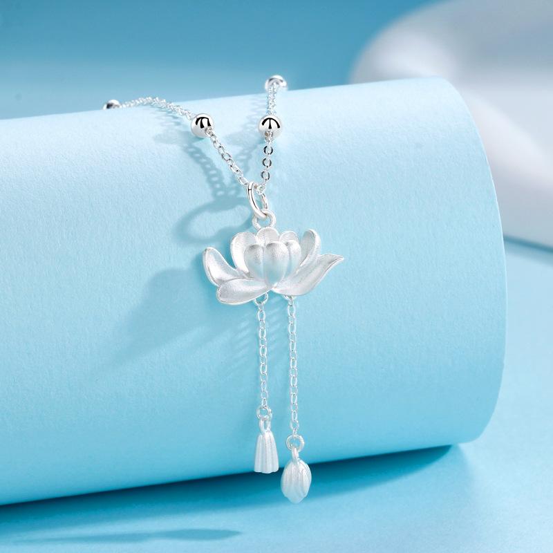 Two Worlds Lotus Tassel Necklace Women'S Niche New Chinese National Style Creative Necklace Gift Women Premium