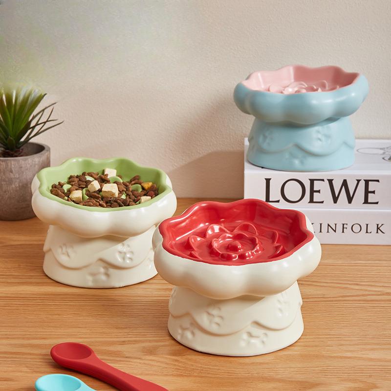 Creative Ceramic Drinking Water Food Tall footed Pet Bowls Anti Overturning Neck Protection Slow Food Anti Choking Cat Bowl, 1Pc