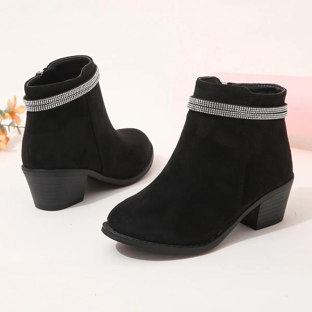 Girls Boots Low Heels Rhinestones Versatile Fashion Children Fashion Leather Boots Simple Side Zipper Chic 2024 Kids Boots Cute