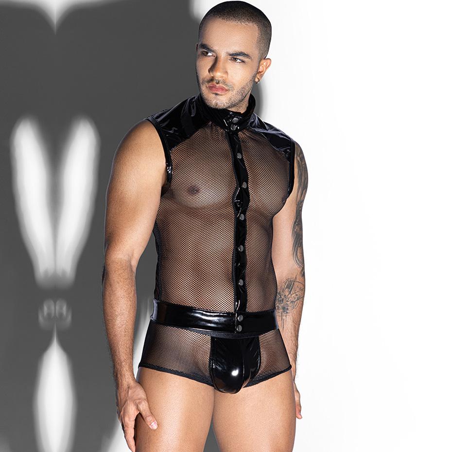 JSY Sexy Lingerie Men Body Underwear Set 2 Pieces Leather Top And Pant Set Bodysuit Nightwear Erotic Lingerie Porno Costume