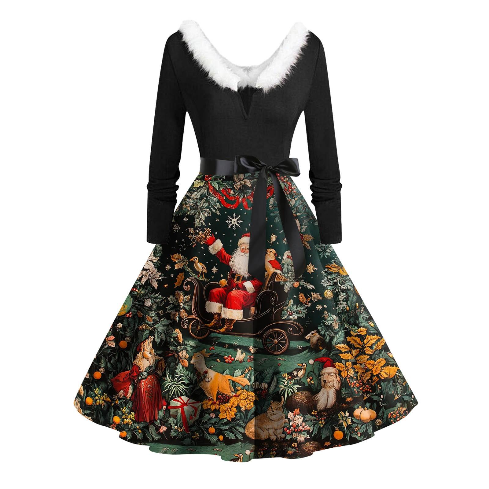 

Женские повседневные модные длинные платья с рождественским графическим принтом и длинными рукавами в винтажном стиле L чёрный