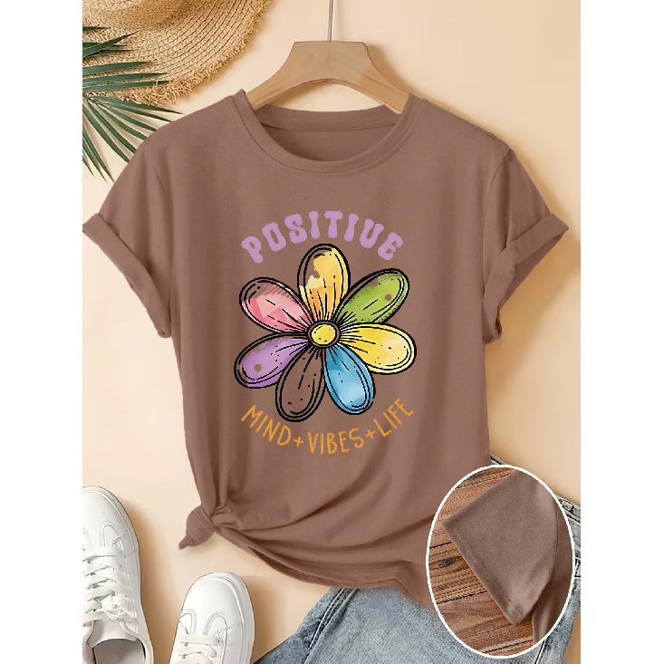 Women's Elegant Short-Sleeve Gift with Rainbow Daisy Positive Energy Quote Print Pattern and Vintage Round Neck T Fresh and Natural Style