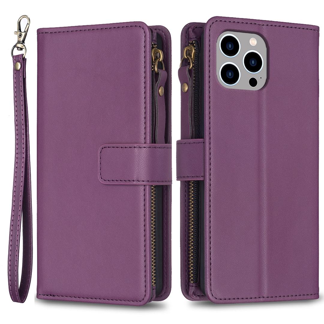 

BF Style-19 For iPhone 15 Pro Max PU Leather Phone Case Flip Wallet Stand Cover with Zipper Pocket Dark Purple