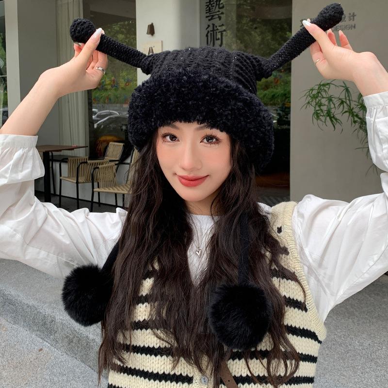 New Autumn and Winter Hats for Women Cute Funny Ear Knitted Wool Hats for Winter Warmth and Cold Hair Ball Ear Protection Hat Thick