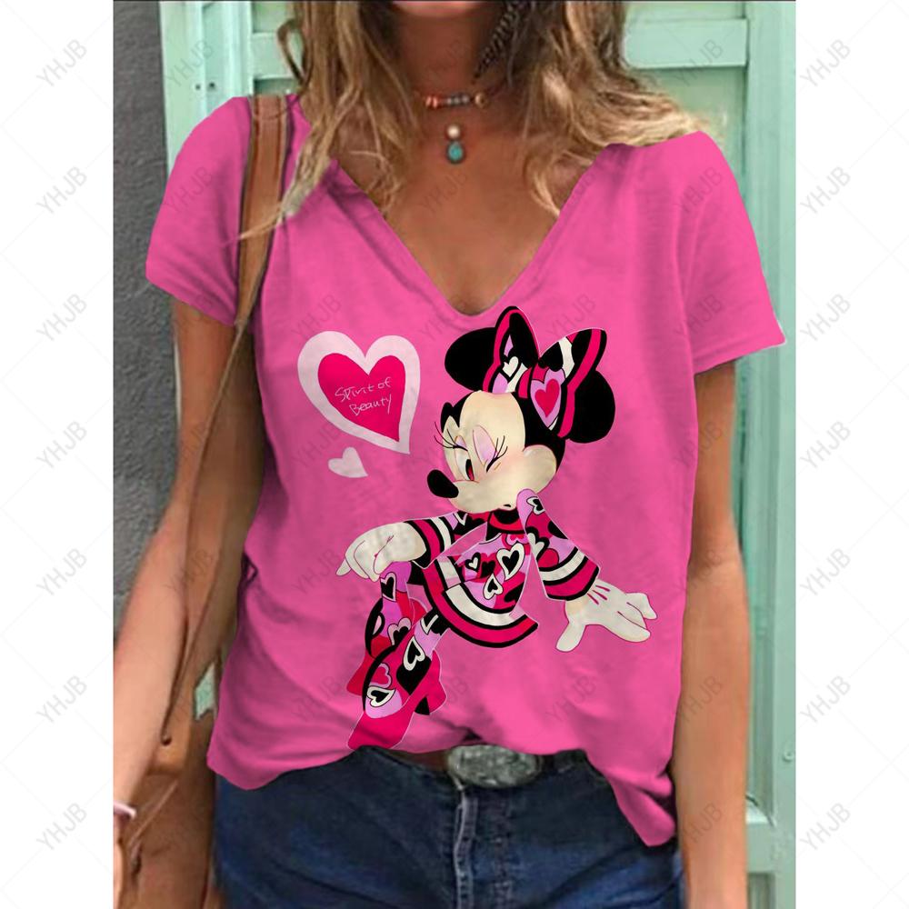 Sommer Ny Mote Dame V-hals Topp Kort Ermet T-skjorte Disney Mikke Mus Trykk Casual Gate Allsidighet Y2K Oversize-5XL