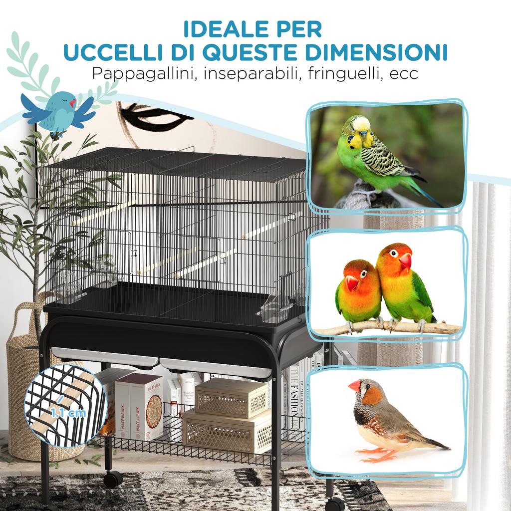 Indoor Bird Cage with Tray, Shelf and Wheels with Brakes, 85x49x119 Cm, Black
