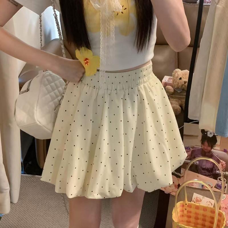 Frühling Sommer High Waist Wolkenblase Puffy Rock Damen Blütenknospe Kurzer Rock Gepunkteter Halber Rock Elegant