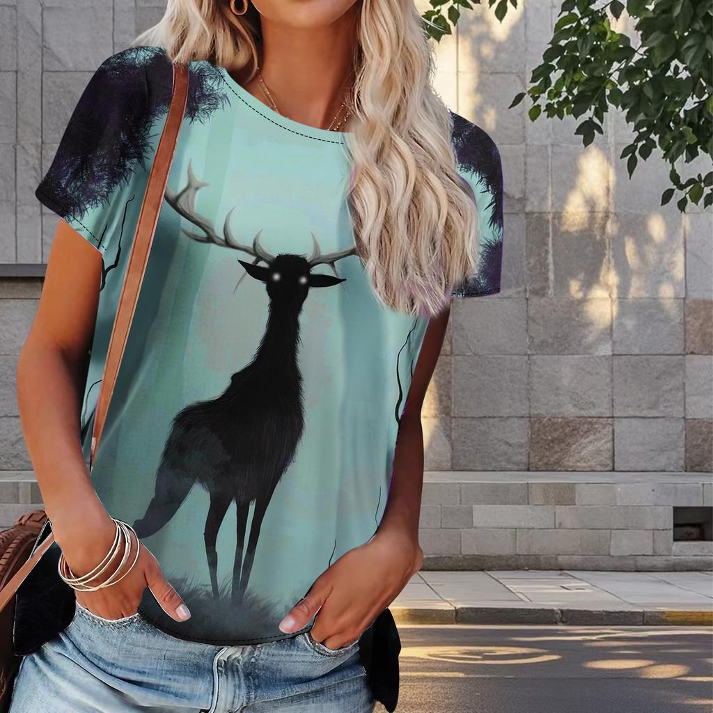 Women Summer T Shirt Fawn Print Retro Fashion Short Sleeve Tees Casual   Printed  Tops