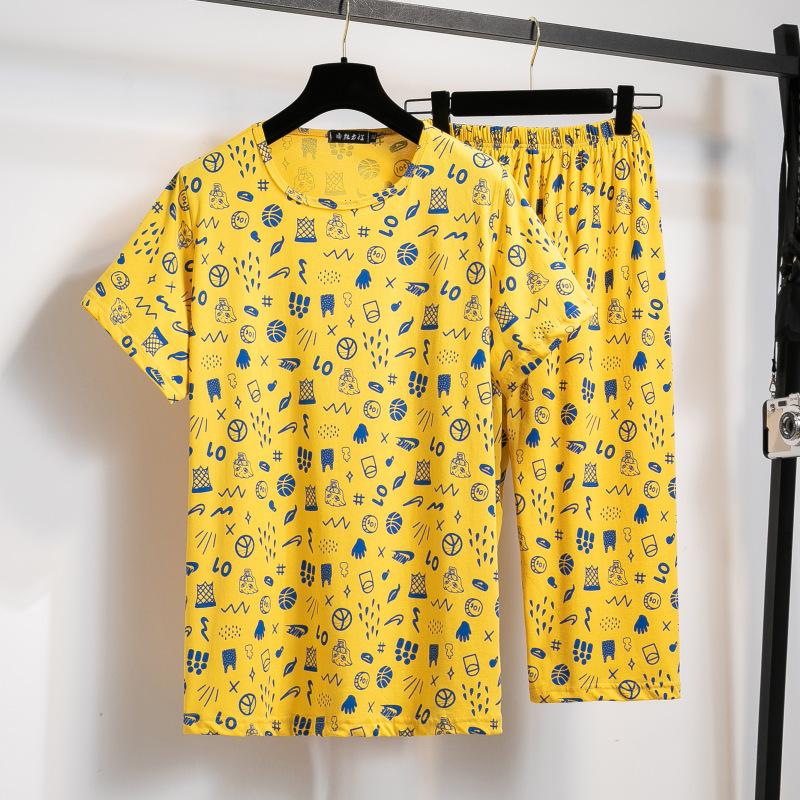 

Летний женский костюм больших размеров, пижамные брюки с цветочным принтом, мягкая дышащая футболка с короткими рукавами, брючный костюм «семь десятых» 7XL жёлтый