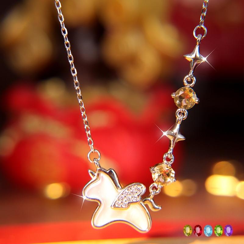 Original natural crystal stone star wish unicorn s925 silver necklace female white fritillary pony pendant gift female