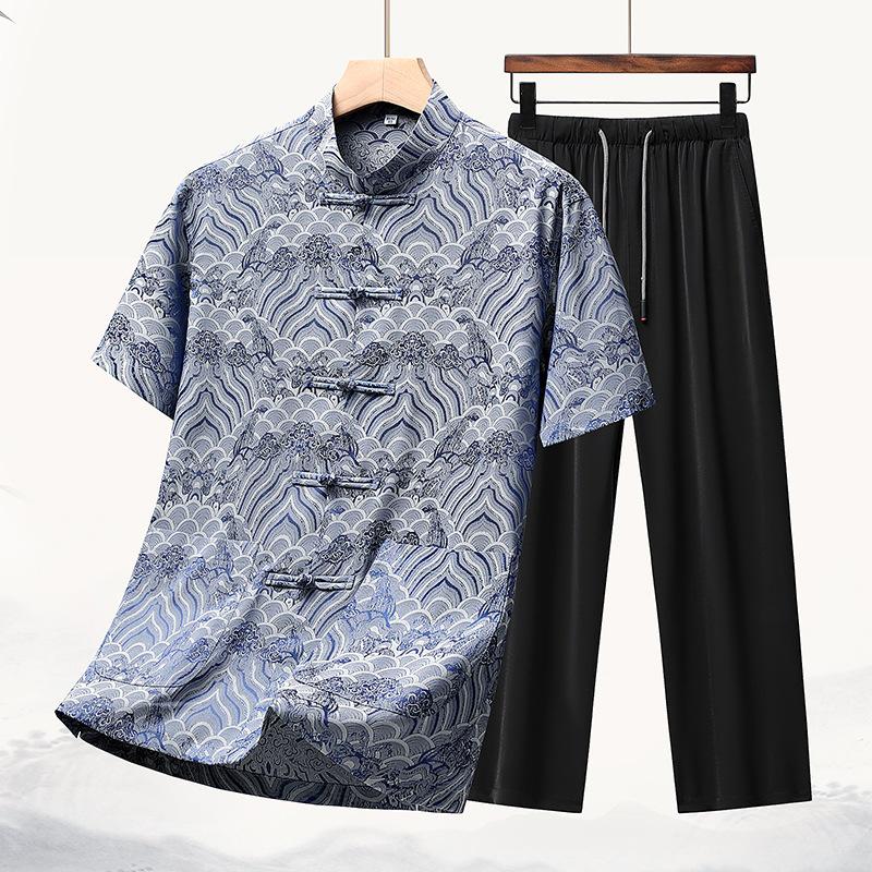 High-Quality New Style Tang Suit: Summer Silk Attire for Middle-Aged and Elderly Men