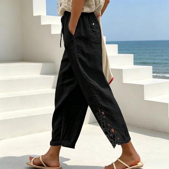 Women Pants, Drawstring Adjustable Waistband High Waist Summer Pants, Pure Color Loose Fit Casual Trousers for Travel Work School Daily Wear
