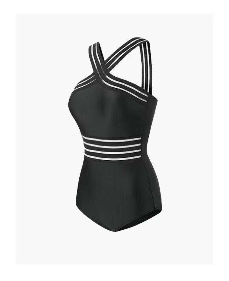 Korean Style Sheer Back Cross Off-Shoulder Slimming One-Piece Swimsuit for Women