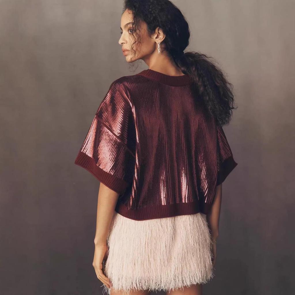 Summer 2026 Women's Solid Color Sequin Short Sleeve T-Shirt
