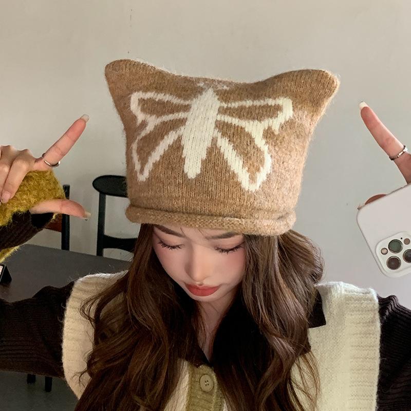 Wool warm hat autumn and winter women ins wool hat butterfly curled edge cat ear pullover cold hat fashion knitted hat tide