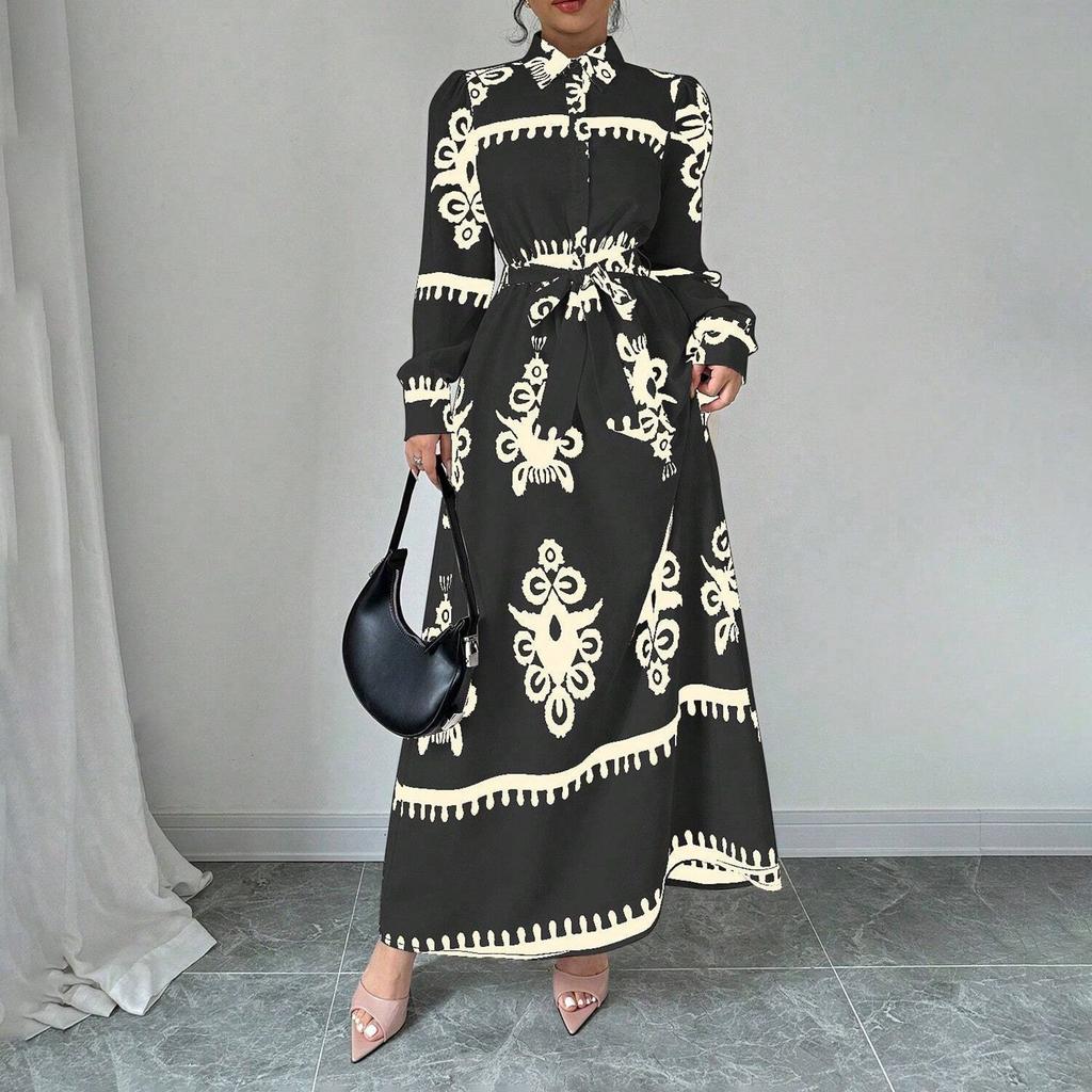 Women's Long Sleeve Lapel Button Printed Bodycon Sexy Nightclub Party Belted Dress