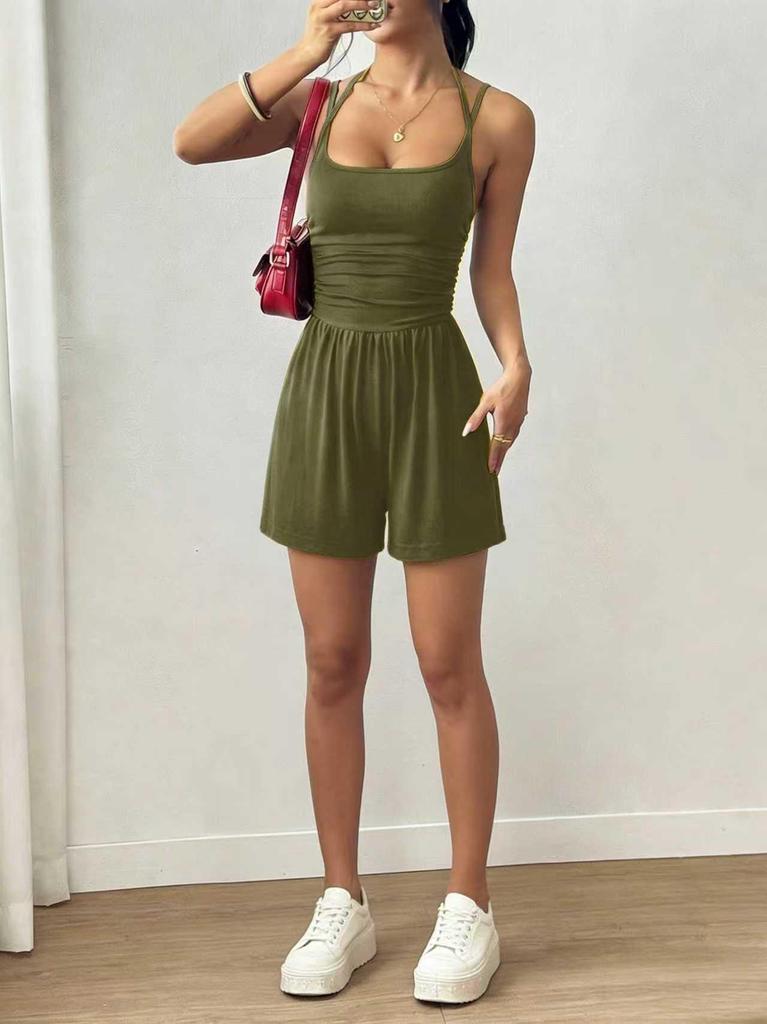 2026 Summer Women's Spaghetti Strap Casual Bandeau Jumpsuit with Wide Leg Shorts