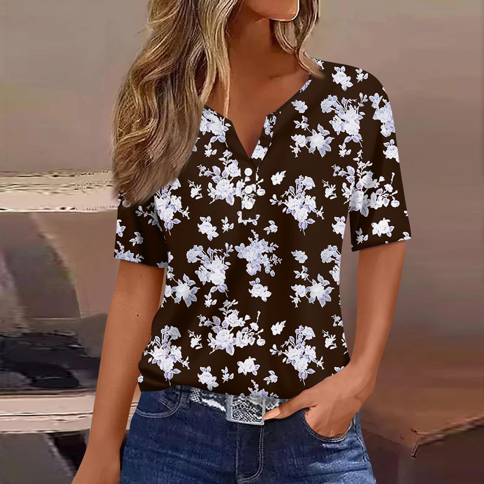 

Жен. Футболка Футболка С принтом Пуговицы С короткими рукавами Повседневные Выходные Мода Классический V-образный вырез Обычный Верх S чёрный