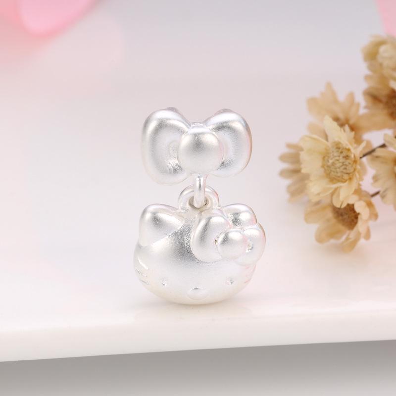 Sterling Silver Hello Kitty Pendant Charm with 999 Fine Silver Bow and Beaded Cartoon Cat Design
