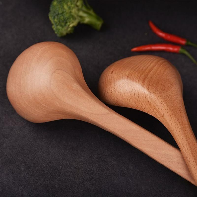 Heat Resistant Wooden Spoon with Long Hook-End Handle Ladle Scoops For Stirring Soup Stews And Hot Dishes Kitchen Tool