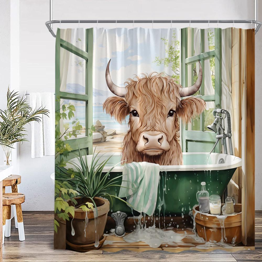 Lustige Tiere Baden Duschvorhänge Hochlandrind Schweine Kaninchen Hunde Badewanne Badezimmer Dekor Polyester Duschvorhänge mit Haken