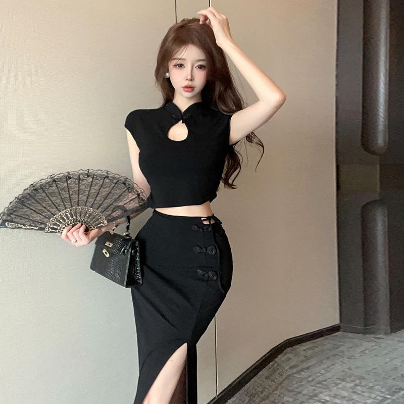 Women's Clothing Chinese National Style Hollow Vest Split Skirt Set