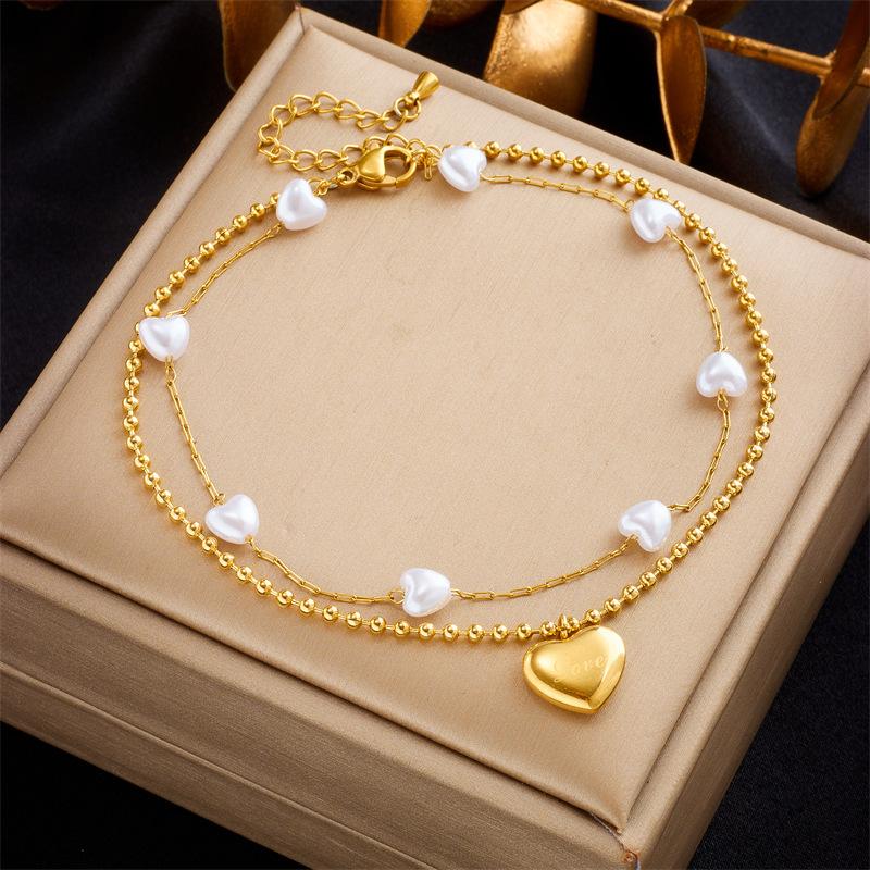 Fashion Niche Simple Versatile Titanium Steel Heart Butterfly Pearl Charm Anklet