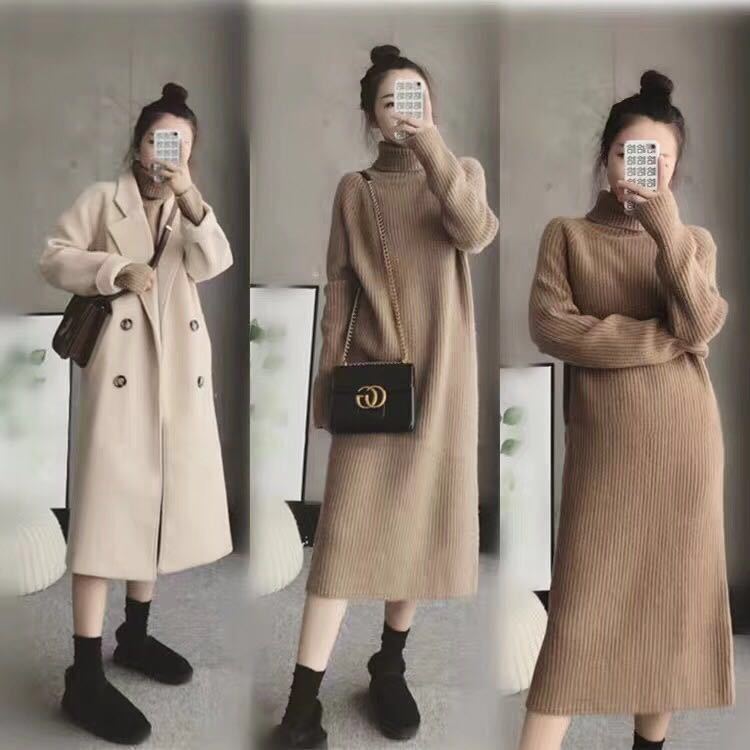 Medium and Long Turtleneck Sweater Skirt Women's Thickened Autumn and Winter Loose Bottoming Knitted Dress with Pullover Inside